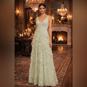 NWT Mac Duggal 9162 Sage Sequin Tiered Ruffle Maxi Gown Formal  Size 6